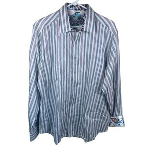 Robert Graham Button Down Mens XL White Striped Embroidered Flip Cuffs Classic